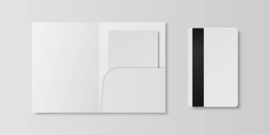 Vector 3d Realistic White Guest Room, Plastic Hotel Apartment Keycard Template with Paper Cover Case, Wallet. Design Template of Hotel Room Plastic Key Card for Mockup, Branding. Top View.