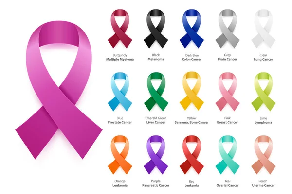Cancer Ribbon Vector Realistic Awareness Ribbon Different Color Set Closeup —  Vetores de Stock