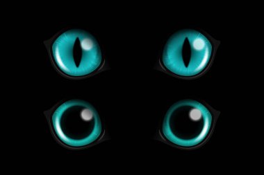 Vector 3d Realistic Blue Round Glowing Cats Eyes of a Black Cat Set. Cat Look in the Dark Black Background Closeup. Glowing Cat or Panther Eyes.