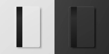 Vector 3d Realistic Black and White Blank Card with Magnetic Strip Set Isolated. Design Template of Plastic Magnetic Credit or Debit Card for Mockup, Branding. Credit Card Payment Concept. Top View.