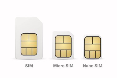 Vector 3d Realistic White Plastic Sim, Micro Sim, Nano Sim Card Template Set Isolated. Design Template of Sim Card for Mockup, Branding. Front View.