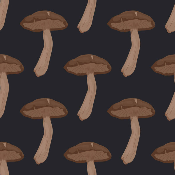 Vector Seamless Pattern with Shiitake Mushroom on Black Background. Seamless Texture, Hand Drawn Cartoon Shiitake Mushrooms. Design Template for Textile, Wallpaper, Print.