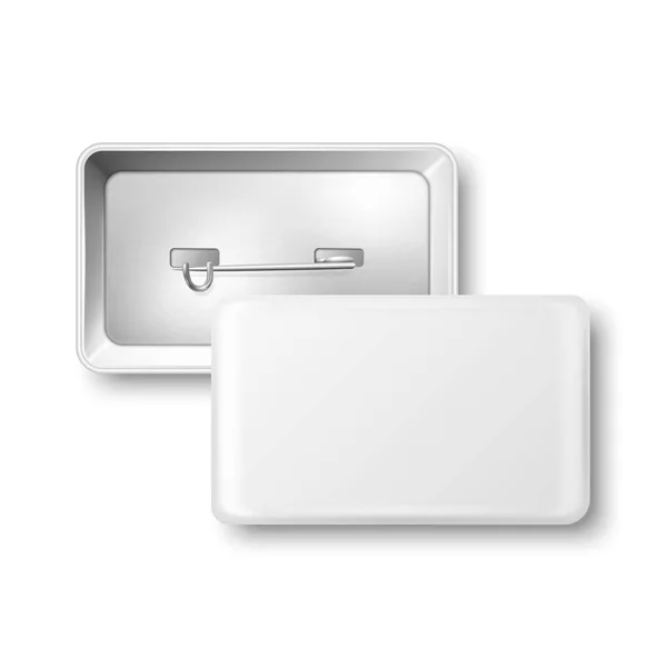 Vector Realistic Rectangular White Metal Plastic Blank Empty Button Badge — Stock vektor