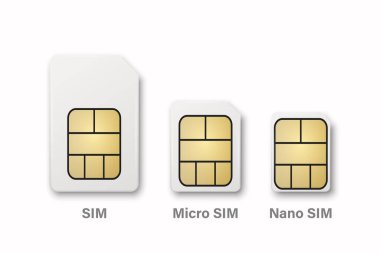 Vektör 3d Gerçekçi Beyaz Plastik Sim, Mikro Sim, Nano Sim Kart Şablonu İzole Edildi. Mockup ve Marka için Sim Kart Şablonu. Üst Görünüm.