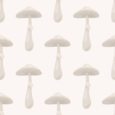 Vector Seamless Pattern with Toadstool Mushroom on White. Seamless Texture, Hand Drawn Cartoon Toadstool Mushroom. Design Template for Textile, Wallpaper, Print.