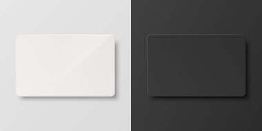 Vektör 3d Gerçekçi Siyah ve Beyaz Boş Kart İzole Edildi. Plastik veya Kağıt Kart Tasarım Şablonu Mockup, Marka. Kredi kartı, kimlik. Üst Görünüm.