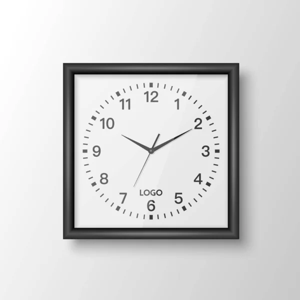 Vector Realistic Square Wall Office Clock Black Frame Design Template — Stock Vector