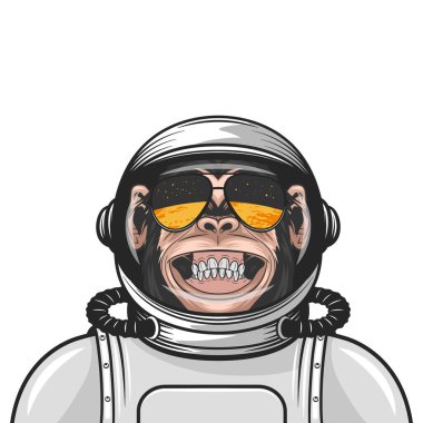 Vector Smiling Chimpanzee Ape with Astronaut Helmet, Suit. Funny Monkey with Cosmonaut Mask for Space Exploration. Spaceman Monkey. Cartoon Cute Chimp Monkey.