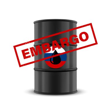 Oil Embargo. Vector 3d Realistic Metal Enamel Oil Barrel Isolated on White. Russian Crude Oil Embargo Concept Background.