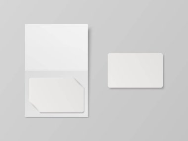 Vector 3d Realistic White Guest Room, Plastic Hotel Apartment Keycard, ID Card, Sale, Credit Card. Design Template with Paper Cover Case, Wallet for Mockup, Branding. Top View.