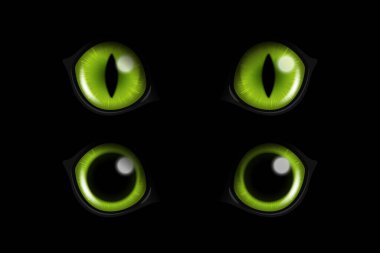 Vector 3d Realistic Green Round Glowing Cats Eyes of a Black Cat Set. Cat Look in the Dark Black Background Closeup. Glowing Cat or Panther Eyes.