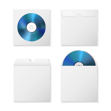 Vector 3d Realistic Blue CD, DVD with Paper Cover, Envelope, Case Isolated. CD Box, Packaging Design Template for Mockup. Compact Disk Icon, Top View.