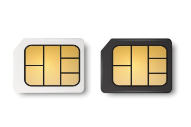 Vector 3d Realistic White and Black Plastic Micro Sim Card Template Set Isolated. Design Template of Micro Sim Card for Mockup, Branding. Top View.