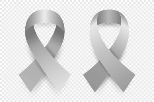 Vector Realistic Gray Ribbon Set Brain Cancer Awareness Symbol Closeup — Stockvektor
