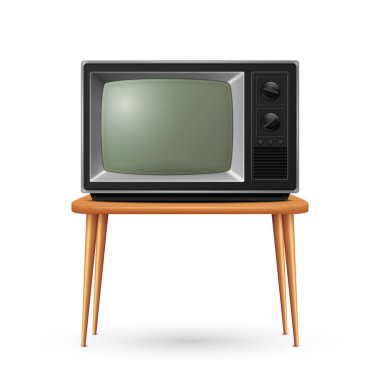 Vector 3d Realistic Retro TV Receiver on a Wooden Table Stand Closeup Isolated on White. Vintage TV Set. Television, Front View.