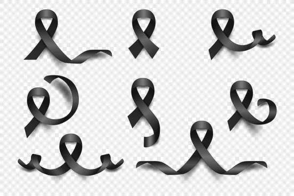 Vector Realistic Black Ribbon Set Melanoma Cancer Awareness Symbol Closeup — Wektor stockowy