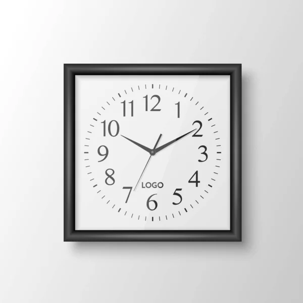 Vector Realistic Square Wall Office Clock Black Frame Design Template — Stockvector