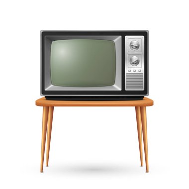 Vector 3d Realistic Retro TV Receiver on a Wooden Table Stand Closeup Isolated on White. Vintage TV Set. Television, Front View.