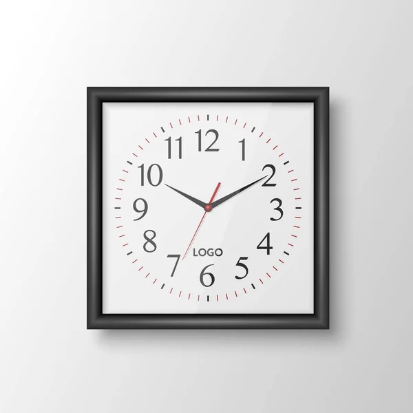 Vector Realistic Square Wall Office Clock Black Frame Design Template — стоковий вектор