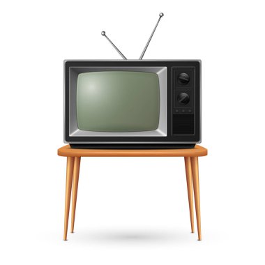 Vector 3d Realistic Retro TV Receiver on a Wooden Table Stand Closeup Isolated on White. Vintage TV Set. Television, Front View.