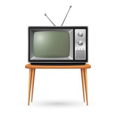 Vector 3d Realistic Retro TV Receiver on a Wooden Table Stand Closeup Isolated on White. Vintage TV Set. Television, Front View.