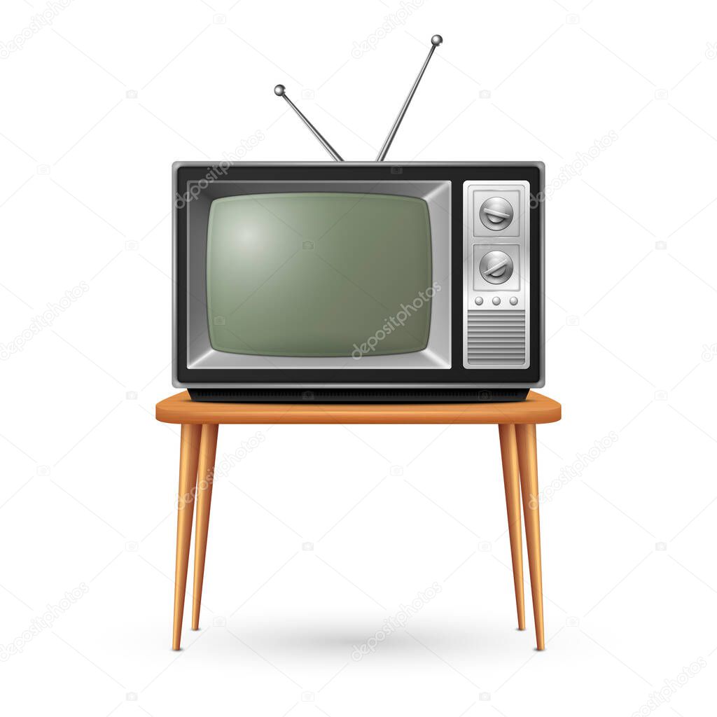 Vector 3d Realistic Retro TV Receiver on a Wooden Table Stand Closeup Isolated on White. Vintage TV Set. Television, Front View.