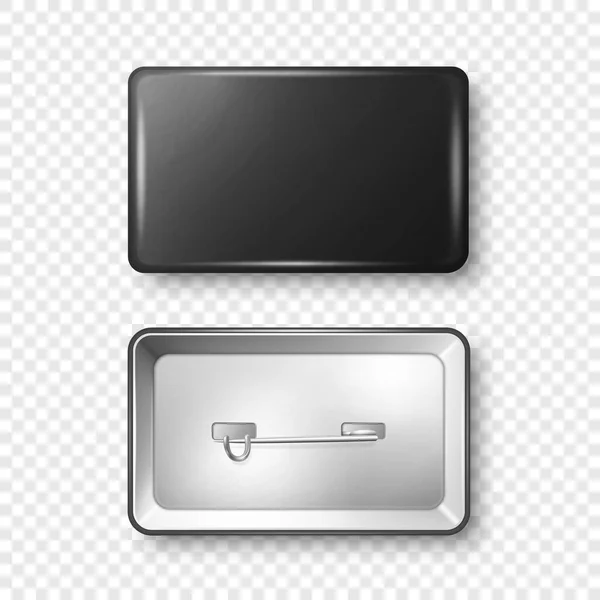 Vector Realistic Rectangular Black Metal Plastic Blank Empty Button Badge — Stockvektor