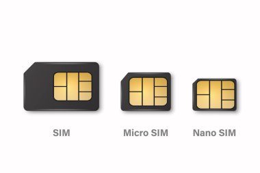 Vector 3d Realistic Black Plastic Sim, Micro Sim, Nano Sim Card Template Set Isolated. Design Template of Sim Card for Mockup, Branding. Top View.