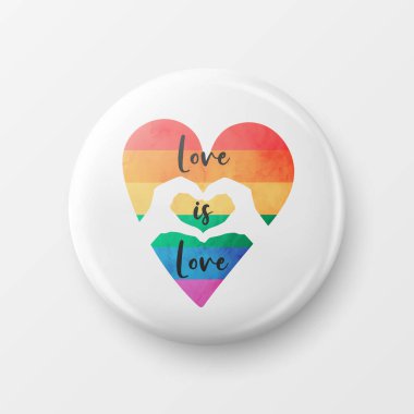 Love is Love. Button Pin Badge with LGBT Quote, Pride Month Celebrate Concept. Typography with Qute with Lgbt Rainbow, Transgender Flag. LGBT, Gays, Lesbians, Fight for Human Rights.