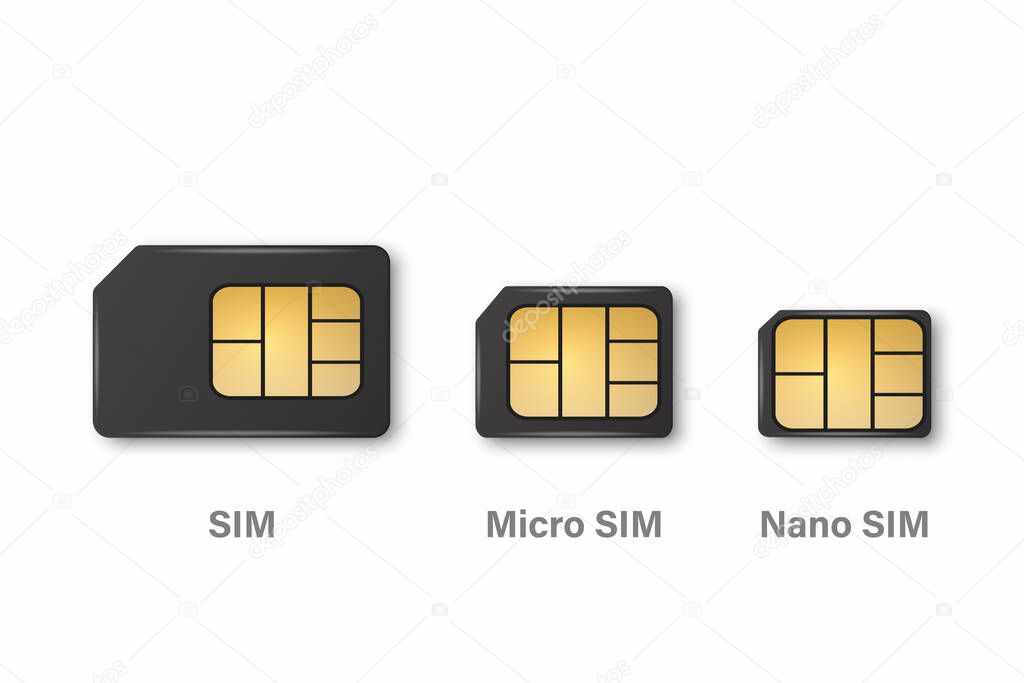 Vector 3d Realistic Black Plastic Sim, Micro Sim, Nano Sim Card Template Set Isolated. Design Template of Sim Card for Mockup, Branding. Top View.