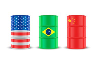 USA, Brazil, China Oil Barrels. Vector 3d Realistic Metal Enamel Oil Barrel Isolated. Crude, Oil Barrel Design Template.