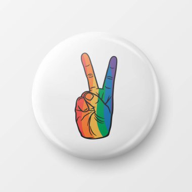 Peace Gesture with LGBT Flag. Button Pin Badge for Pride Month Celebrate Concept. Lgbt Rainbow Colored Hand. Transgender, Gays, Lesbians, Fight for Human Rights Sign.