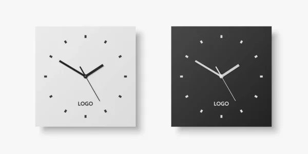 Vector Realistic White Black Square Wall Office Clock Set Design — Stock vektor