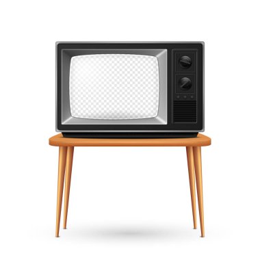 Vector 3d Realistic Retro TV Receiver on a Wooden Table Stand Closeup Isolated on White. Vintage TV Set with Transparent Screen. Television, Front View.
