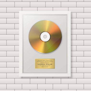 Realistic Vector 3d Golden Yellow CD and Label with White Frame on Brick Wall Background. Single Album Compact Disc Award, Limited Edition. Design Template.