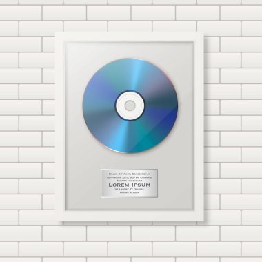 Gerçekçi Vektör 3d Mavi CD ve Beyaz Çerçeve ile etiketlenmiş Brick Wall Arkaplan. Tek Albüm CD Ödülü, Limited Edition. Tasarım Şablonu.