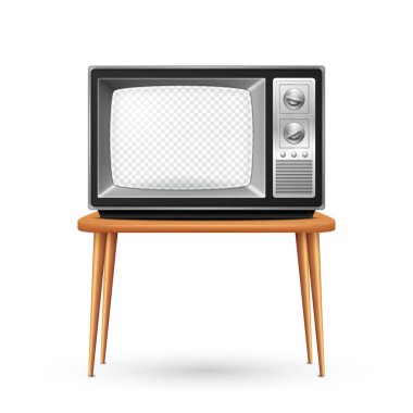 Vector 3d Realistic Retro TV Receiver on a Wooden Table Stand Closeup Isolated on White. Vintage TV Set with Transparent Screen. Television, Front View.