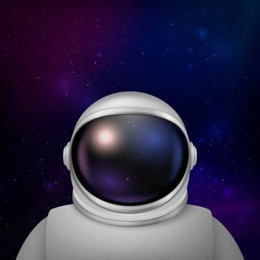 Vektör 3d Gerçekçi Uzay Adamı, Astronot. Uzay giysisi, Uzay Arkaplanındaki Astronot Miğferi. Uzay Keşfi için Şeffaf Cam Gözlüklü Kozmonot Kıyafeti. Astronot için Beyaz Takım, Koruma.
