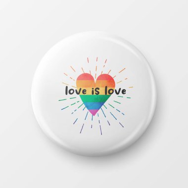 LGBT Bayrağı ile Aşk İşareti. Onur Ayı Kutlaması için rozet rozeti takıyorum. Teğmen Gökkuşağı Renkli El. Transseksüeller, Geyler, Lezbiyenler, İnsan Hakları için Savaşın İşareti.