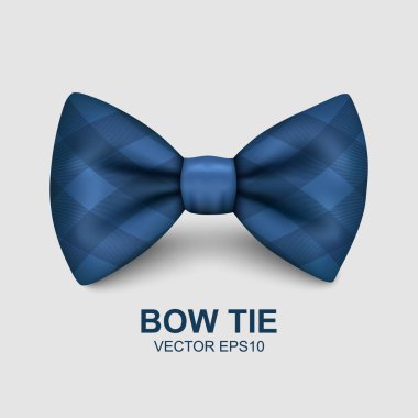 Vector Bow Tie for Fathers Day Design. 3d Realistic Silk Blue Checkered Bow Tie. Glossy Bowtie, Tie Gentleman. Fathers Day Holiday Concept. Design Template for Greeting Card, Invitation, Poster.