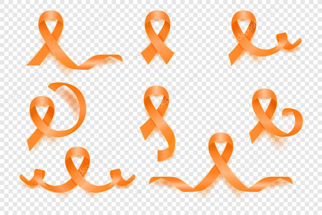 Vector 3d Realistic Orange Ribbon Set. Leukemia Cancer Awareness Symbol Closeup. Cancer Ribbon Template. World Leukemia Cancer Day Concept.