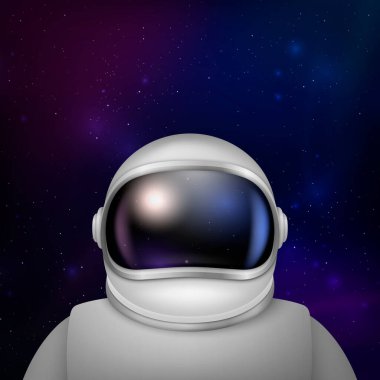 Vektör 3d Gerçekçi Uzay Adamı, Astronot. Uzay giysisi, Uzay Arkaplanındaki Astronot Miğferi. Uzay Keşfi için Şeffaf Cam Gözlüklü Kozmonot Kıyafeti. Astronot için Beyaz Takım, Koruma.