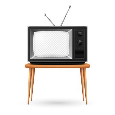 Vector 3d Realistic Retro TV Receiver on a Wooden Table Stand Closeup Isolated on White. Vintage TV Set with Transparent Screen. Television, Front View.