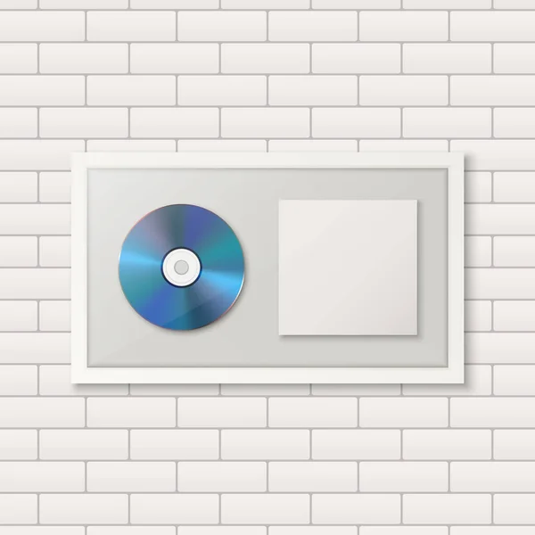 現実的なベクトル3DブルーCd パッケージ ホワイトレンガの壁の背景にホワイトフレームでカバー シングルアルバムコンパクトディスク賞 限定版 デザインテンプレート — ストックベクタ