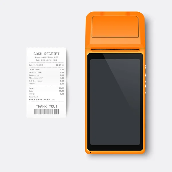 Vector Orange Nfc Payment Machine Paper Check Receipt Isolated Pos — 스톡 벡터