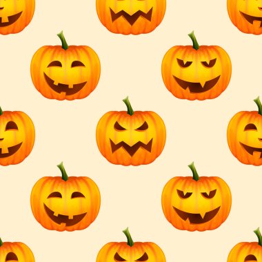 Komik Balkabaklı Vektör Cadılar Bayramı Kusursuz Deseni. Şirin balkabağı fenerleri, oyulmuş balkabağı yüzlü arka planlar, davetiyeler için duvar kağıtları, kartlar, kumaşlar, ambalajlar, pankartlar, tekstil.