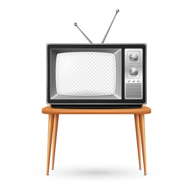 Vector 3d Realistic Retro TV Receiver on a Wooden Table Stand Closeup Isolated on White. Vintage TV Set with Transparent Screen. Television, Front View.