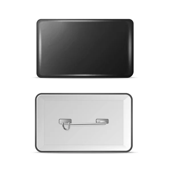 Vector Realista Rectangular Metal Negro Plástico Blanco Botón Vacío Insignia — Vector de stock