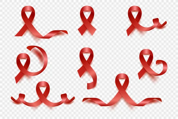 Vector Realistic Red Ribbon Set Leucemia Cancro Consapevolezza Simbolo Primo — Vettoriale Stock