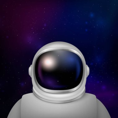 Vektör 3d Gerçekçi Uzay Adamı, Astronot. Uzay giysisi, Uzay Arkaplanındaki Astronot Miğferi. Uzay Keşfi için Şeffaf Cam Gözlüklü Kozmonot Kıyafeti. Astronot için Beyaz Takım, Koruma.